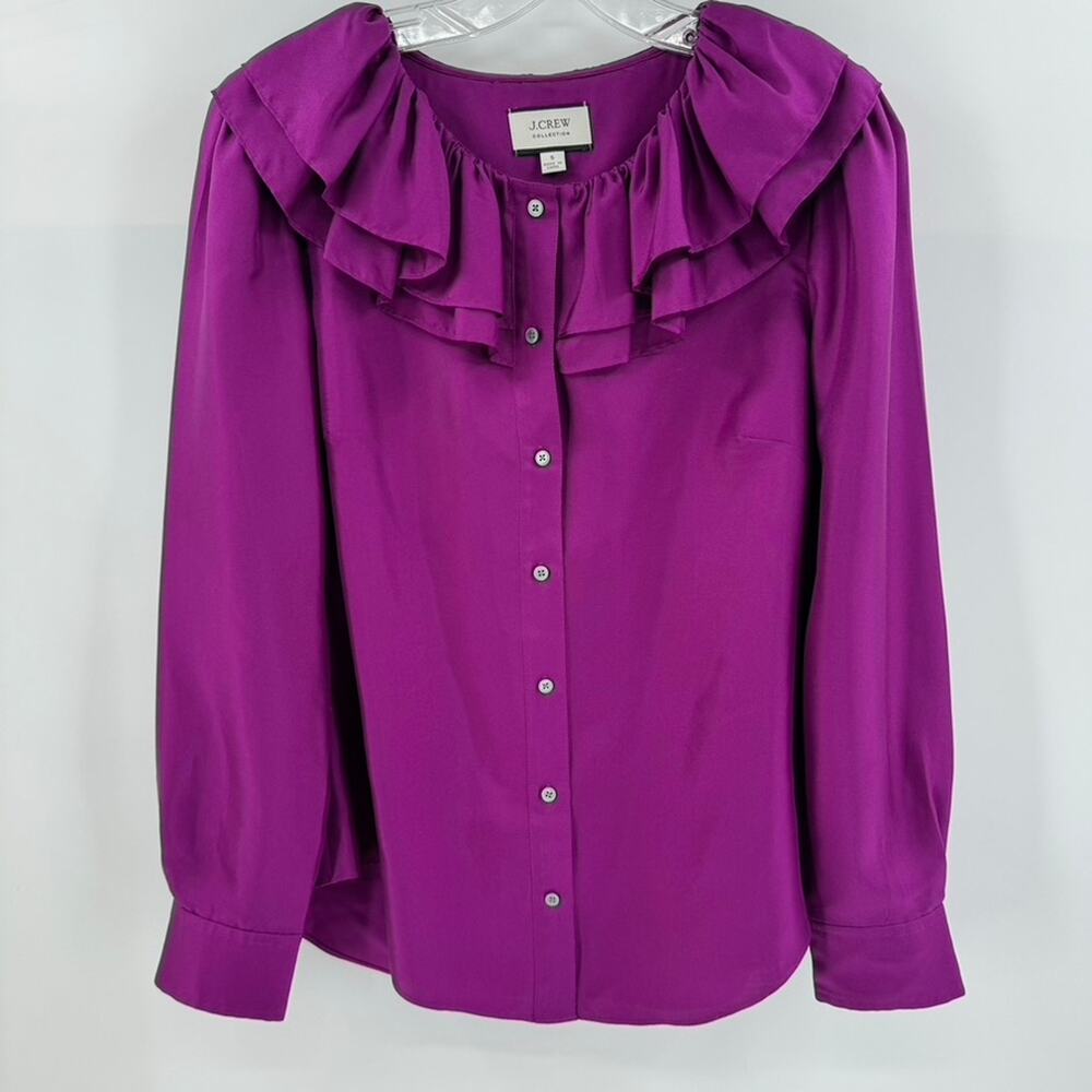 J. Crew Collection Twill Ruffle Collar Silk Button Front Blouse Top Sz S Purple